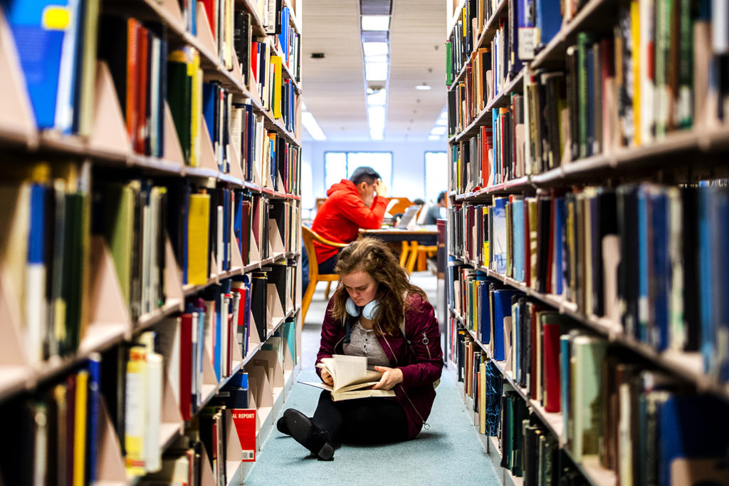 Northeastern student Emma Isaacs finds a book for her research project in Snell Library on Nov. 18, 2019.