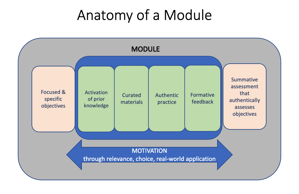 A course starts with focused and specific objectives and ends with summative assessment that authentically assesses objectives. In between the objectives and assessment is the module, which (from left to right) consists of activation of prior knowledge, curated materials, authentic practice, and formative feedback. Throughout this experience, motivation is enhanced through relevance, choice, and real-world application.