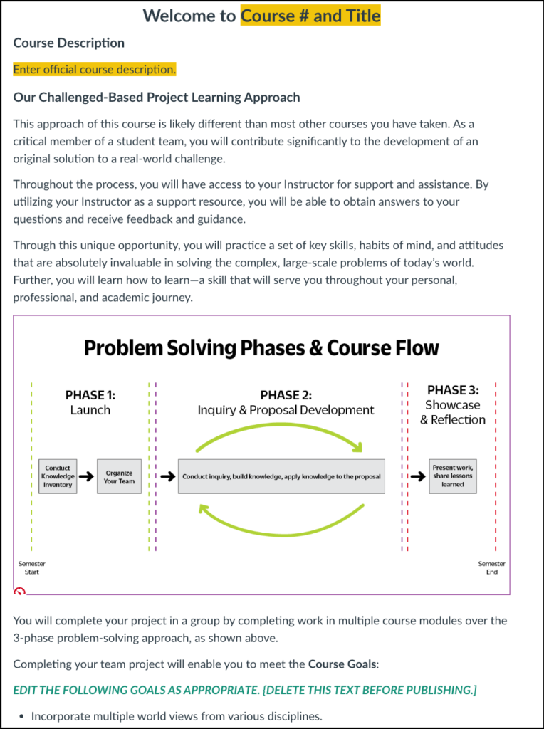 A screenshot of the landing page of the project-based course template, including a graphic on the phases of a project-based course.